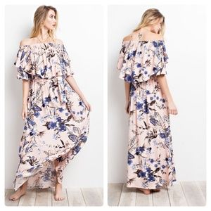COMING SOON NWT BLUSH OFF SHOULDER MAXI DRESS
